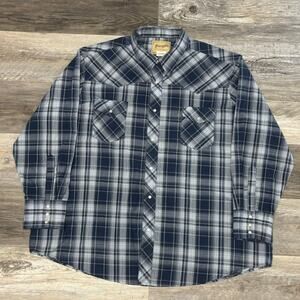 Wrangler Tartan Plaid Gray Blue‎ Mens 3XL Pearl Snap Cowboy Rodeo Western Shirt